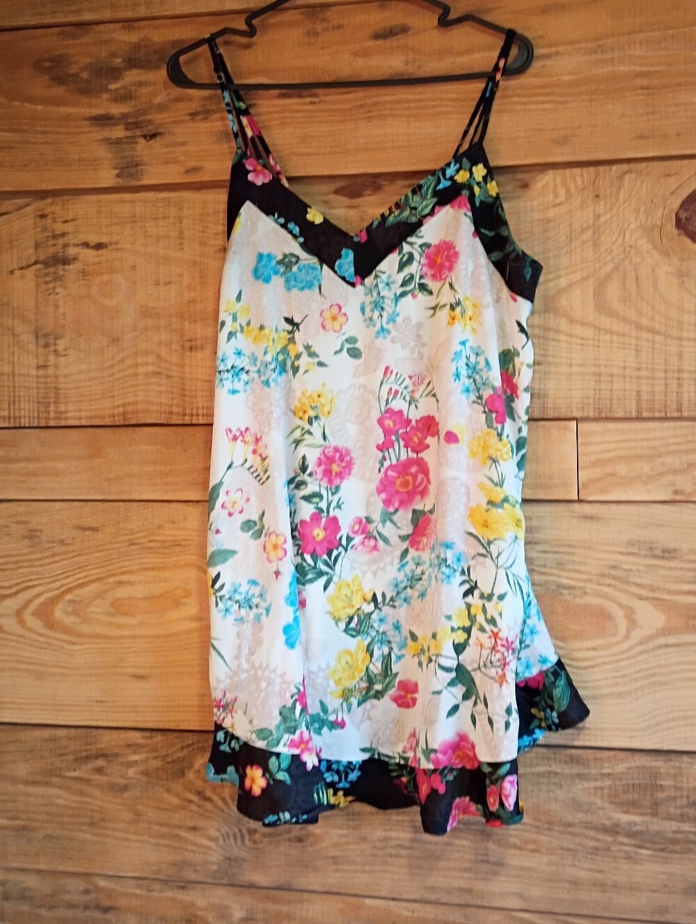 Betsey Johnson White Floral Satin Camisole with Black Trim